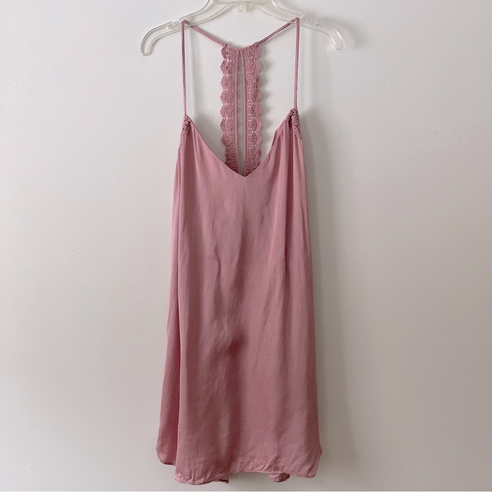 Anthropologie BHLDN Satin Slip Nighty Small Pink Lace Chemise